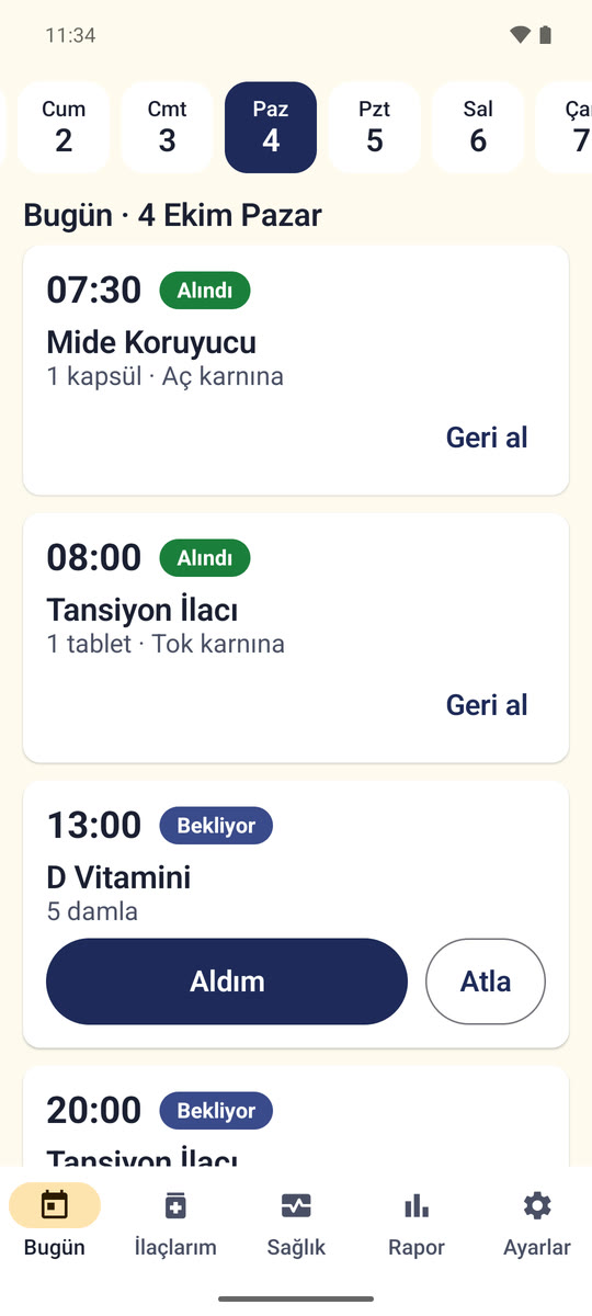 İlaç Dostum: günün dozları ekranı